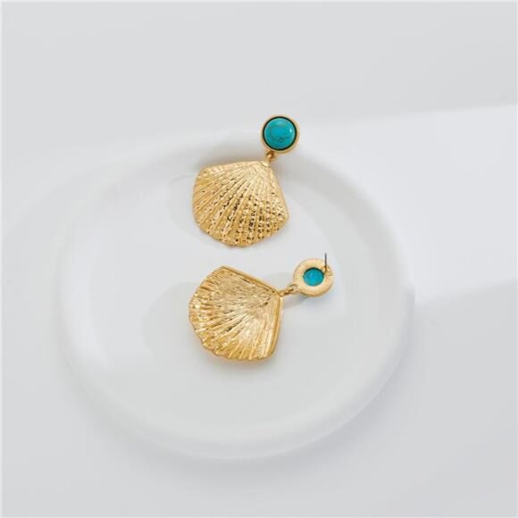 Gold Seashell Drop Earrings | Boho Turquoise Dangle Earrings | Lightweight Beach - Picture 5 of 5